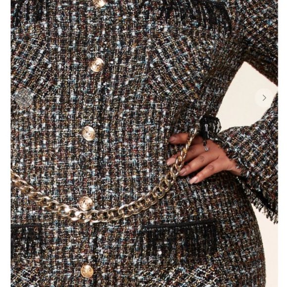 Chained button zip fringe tweed blazer mini dress - Picture 4 of 9